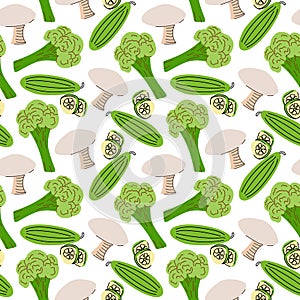 Seamless pattern with mushrooms, cucumber slices, broccoli on a white background. Vector illustration of ingredients for food