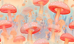 Seamless pattern with mushrooms in the forest. Vector illustration