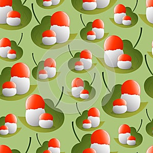 A seamless pattern, mushrooms on green leaves.