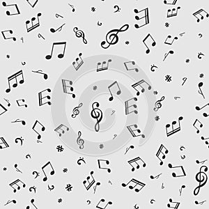 Seamless pattern with music black notes on white background.