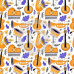 Seamless pattern with music instruments. Music festival posters and jazz concerts