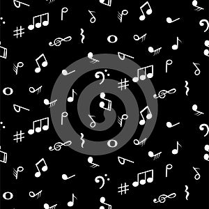 Seamless pattern with music notes symbols. Black background.