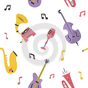 Seamless pattern with musical instruments, devices