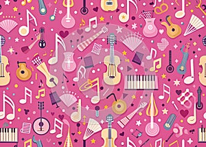 Seamless pattern with musical instruments on pink background