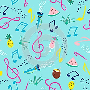 Seamless pattern with musical notes, instruments and summer symbols. Vector