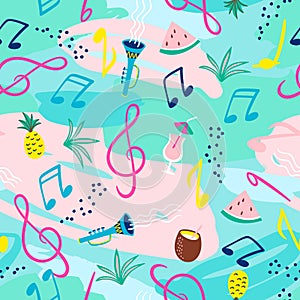 Seamless pattern with musical notes, instruments and summer symbols. Vector