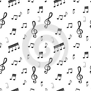 Seamless pattern: musical notes and musical key in black on a white background.