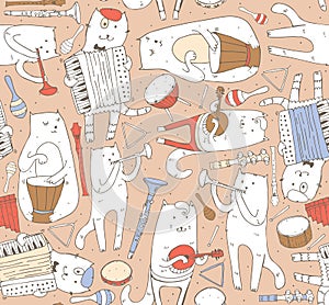 Seamless pattern with musician cats and music instruments in pastel colors. Cats are playing on drum, accordion, tube, guitar.