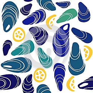 Seamless pattern with mussels and lemons, vector illustration