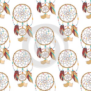 Seamless pattern of mysterious and magical indian ojibwe dreamcatcher. photo