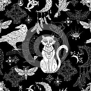 Seamless pattern with mystic animals - cat, crow and moth, dreamcatcher and witch magic objects