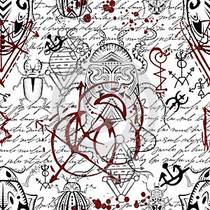 Seamless pattern with mystic decorated bugs and esoteric gothic symbols