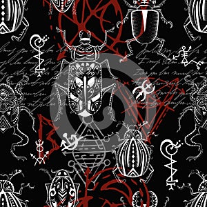 Seamless pattern with mystic decorated bugs and esoteric gothic symbols