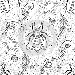 Seamless Pattern with Mystical Flying Beetle with Eye on the Abdomen, Feathes, Beads and Stars on White