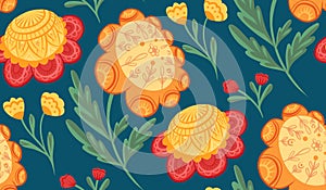 Seamless pattern with naive flowers and stems with folk arts on blue background. Vector texture with sunflowers and poppies