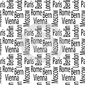 Seamless pattern with the names of cities and capitals of Europe. Typography, vector graphics