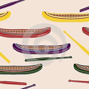 Seamless Pattern of Native American Canoe and Paddle Vector Illustration