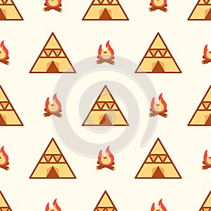 Seamless pattern of native tent camping and campfire in flat style. ready to use for cloth, textile, wrap and other
