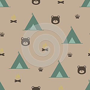 Seamless pattern of native tent camping and campfire in flat style. ready to use for cloth, textile, wrap and other