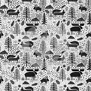 Seamless pattern nature forest wildlife Canada.Season winter park