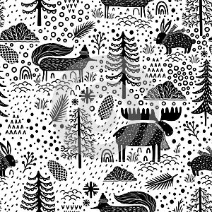 Seamless pattern nature forest wildlife Canada.Season winter park