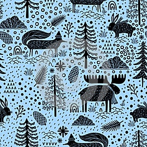 Seamless pattern nature forest wildlife Canada.Season winter park