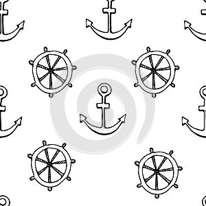 Seamless pattern with nautical elements of doodle anchor and rudder. Set of vector illustrations of the underwater world