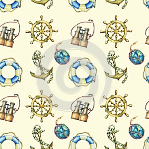 Seamless pattern with nautical elements, isolated on pastel yellow background. Old binocular, lifebuoy, antique sailboat steering