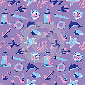 Seamless pattern with nautical objects. Marine background