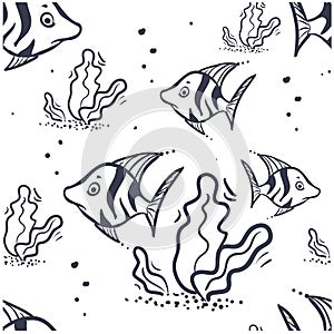 Seamless pattern navy blazer doodle coral fish and seaweed