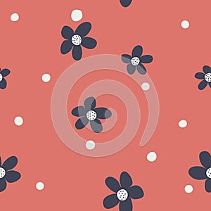 Seamless pattern with navy daisies and polka dots on a red background.