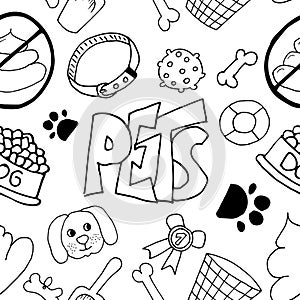 Seamless pattern with necessary equipment for dog walking outdoors in park. Simple vector hand drawn illustrations