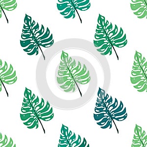 Seamless pattern of neo mint leaves monstera. Tropical leaves of palm tree. Vector background. Beautiful allover print with hand