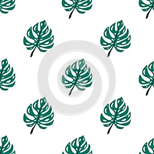 Seamless pattern of neo mint leaves monstera. Tropical leaves of palm tree. Vector background. Beautiful allover print with hand