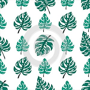 Seamless pattern of neo mint leaves monstera. Tropical leaves of palm tree. Vector background. Beautiful allover print with hand