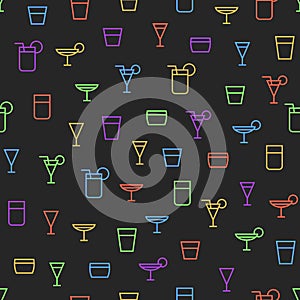 Seamless pattern of neon cocktail alcoholic drinks glass outlines in flat style. ready to use for cloth, textile, wrap and other