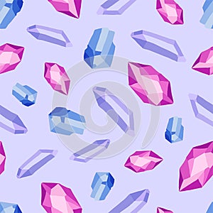 Seamless pattern with neon color crystals gems on a lilac background in a flat style. Illustration Vector