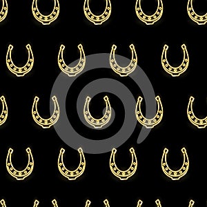 Seamless pattern with neon gold horseshoes on black background. Horses, good luck, cowboy, western concept