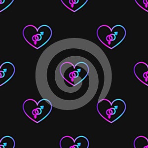 Seamless pattern with neon heart with bisexuality symbol on black background