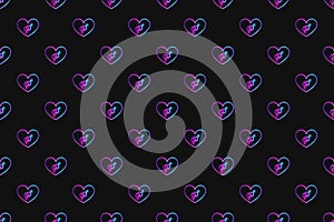 Seamless pattern with neon heart with bisexuality symbol on black background photo