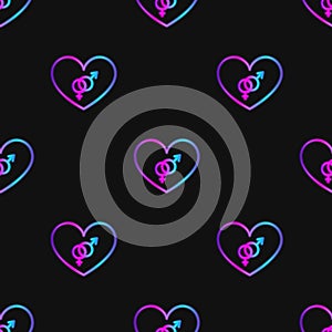 Seamless pattern with neon heart with bisexuality symbol on black background photo