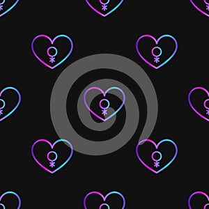 Seamless pattern with neon heart with genderqueer symbol on black background