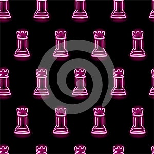 Seamless pattern with neon icons of chess rook or castle on black background. Strategy, game, competition, power concept