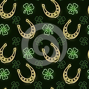 Seamless pattern with neon icons of clover and golden horseshoe on dark background. Saint Patrick' Day or good luck