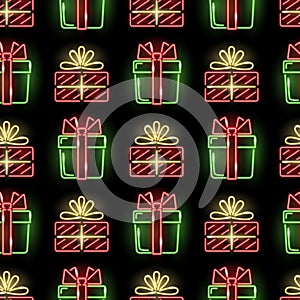 Seamless pattern with neon icons of gift boxes on black background