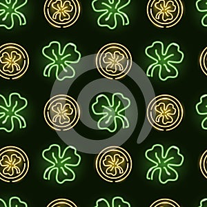 Seamless pattern with neon icons of green clover and golden coins on dark background. Saint Patrick' Day, good luck