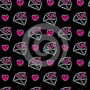 Seamless pattern with neon icons of open envelop with loving hearts on black background. St. Valentine's Day, mail, love