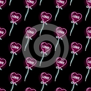 Seamless pattern with neon icons of pink heart shape balloon with 'love' word on black background. Valentines Day