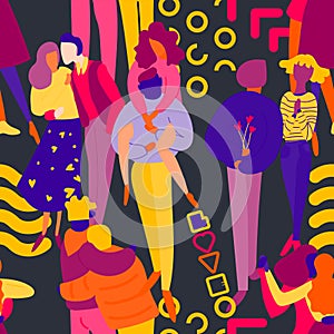 Seamless pattern with neon people in love party flat illustration