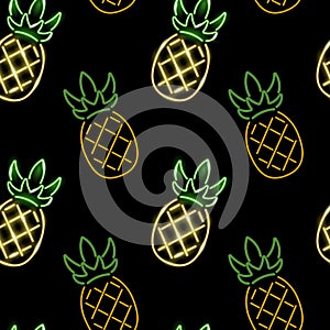 Seamless pattern with neon pineapples on black background. Summer, exotic, tropical, food concept. Illustration.